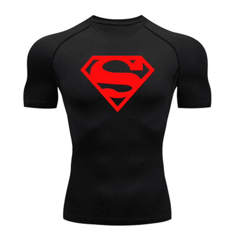 Cross-Border Popular Men's Fitness Wear Superman Print Tight-Fitting Short-Sleeved T-Shirt Quick-Drying High-Elastic Sportswear