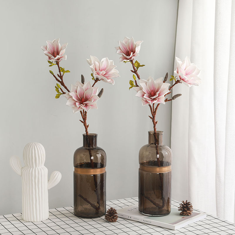 仿真3頭福星玉蘭花 新中式家居裝飾仿真手感單枝多頭白色玉蘭假花