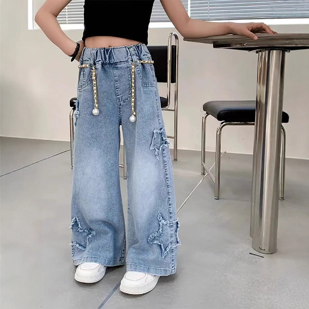Nuevos pantalones de primavera y otoño para niños de mediana edad coreanos sueltos bordes de lana casuales de estilo extranjero pantalones largos de niñas vaqueros piernas anchas image 4
