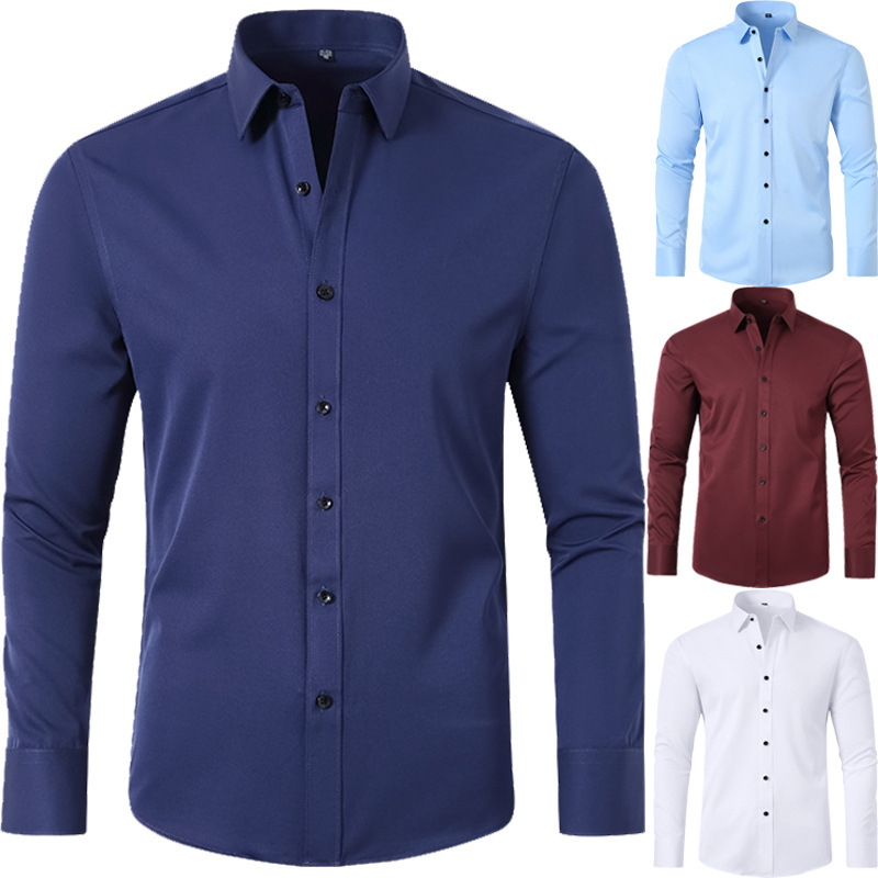 Amazon eBay venta caliente transfronteriza camisa elástica de manga larga para hombre AliExpress camisa elástica de cuatro lados de color sólido para hombre
