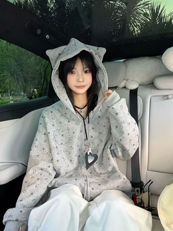 2025新款狗爪满印连帽卫衣女春秋款宽松慵懒风灰色kitt猫钉珠外套|undefined