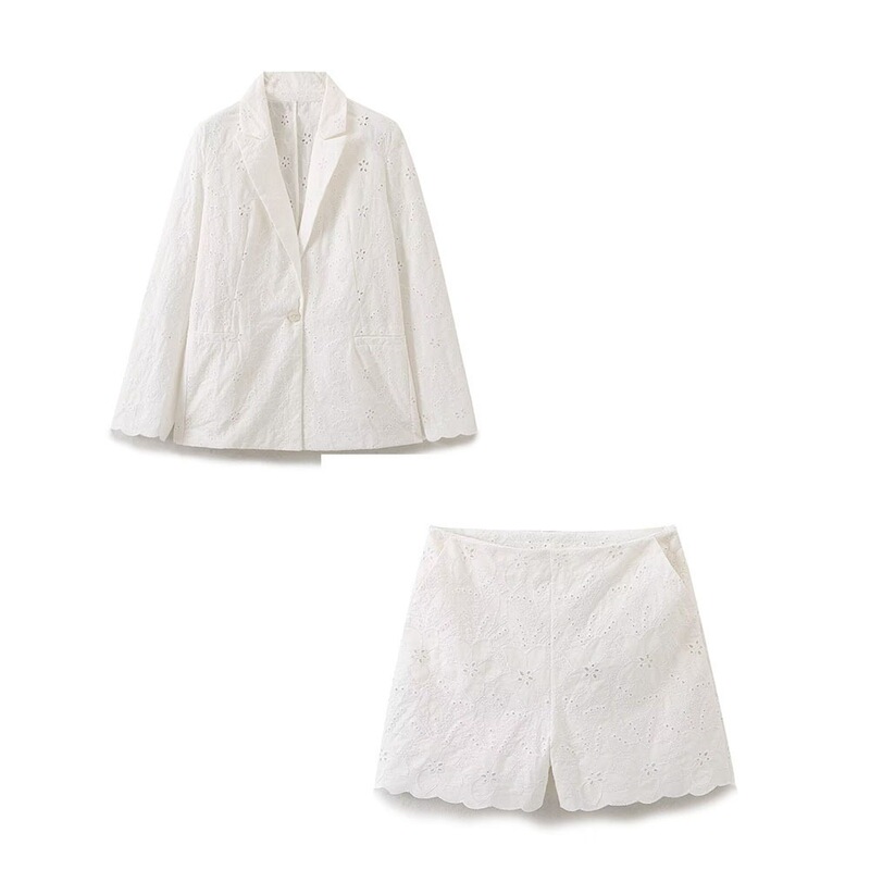 Saw Aliexpress Independent Site Ins Hot-Selling Hollow-Out Embroidered Blazer + Hollow-Out Embroidered Casual Shorts