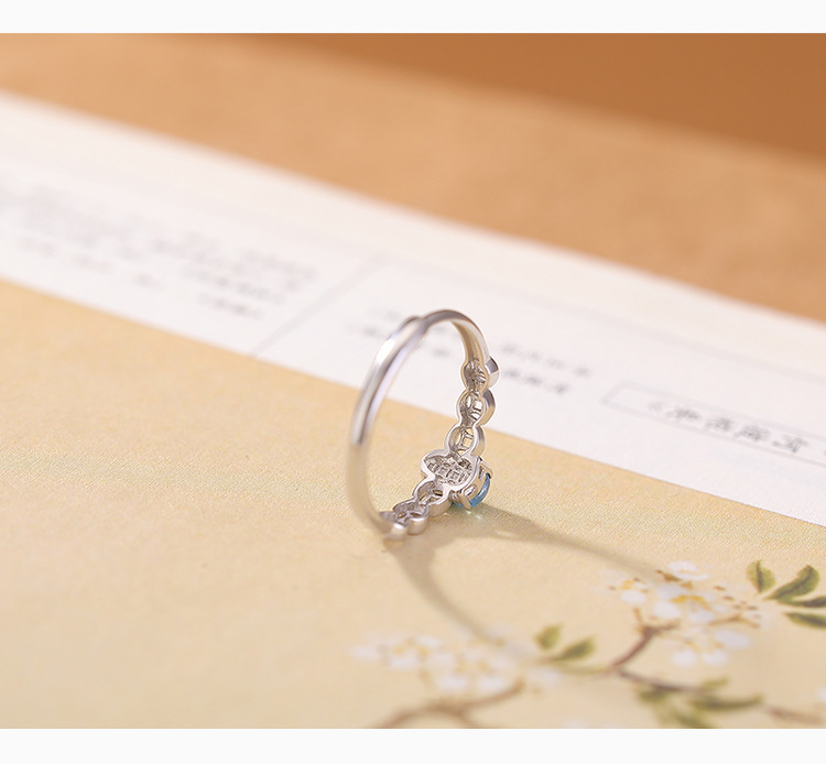 Nhẫn bạc S925 đính đá Aquamarine hình hồ lô phong thủy họa tiết đồng xu chiêu tài, dáng mở điều chỉnh — Một cái chi tiết 4