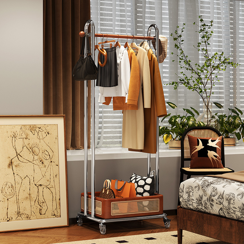 중세 스타일 단단한 나무 코트 랙 바닥 침실 홈 옷 걸이 이동식 스토리지 랙 다기능 옷 걸이