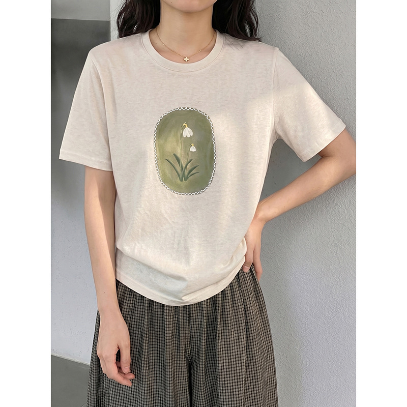 【Wind-Blown Bellflower】Korean-Style Round-Neck Printed Loose Short-Sleeve T-Shirt for Women, Suitable for Commuting and Casual Wear, Summer Ag409 【Wind-Blown Bellflower】Korean-Style Round-Neck Printed Loose Short-Sleeve T-Shirt for Women, Suitable for Commuting and Casual Wear, Summer Ag409