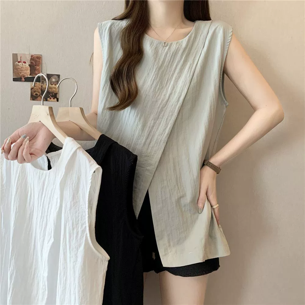 Кросс-дизайн большого размера Корейская футболка без рукавов женская 2025 новая свободная тонкая повседневная футболка топ женская