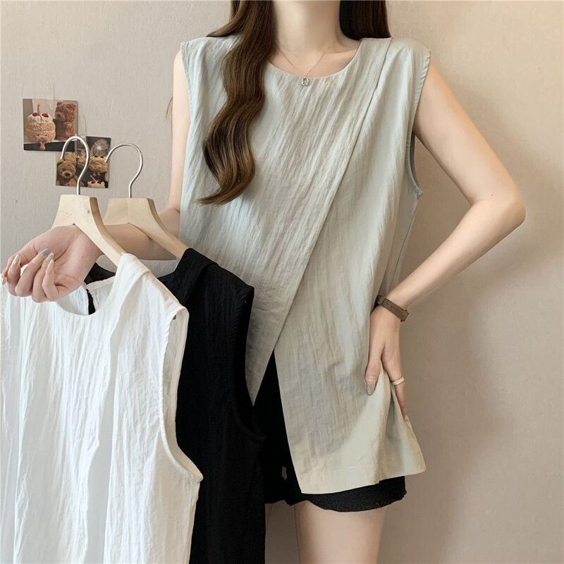 Plus-Size Cross-Design Korean-Style Sleeveless T-Shirt for Women, 2026 Summer New Loose Slimming Casual T-Shirt Top for Women