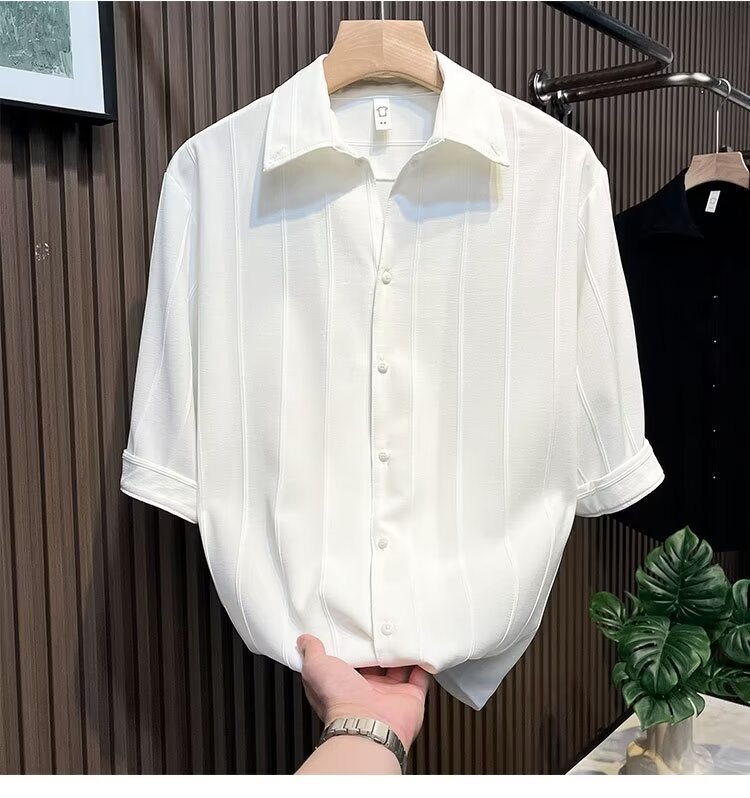 Camicia uomo a maniche corte a righe in misto seta casual_voghion.com