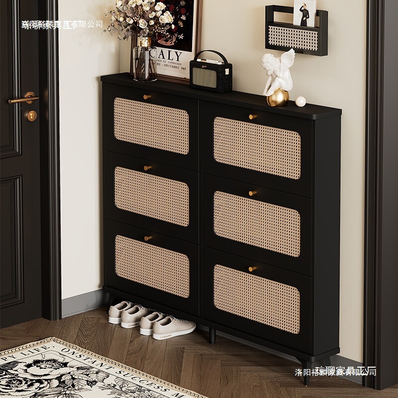 Household Flip-Top Entryway Cabinet, Vintage Rattan Shoe Cabinet, Large Capacity Storage Cabinet for the Living Room Against the Wall at the Entrance