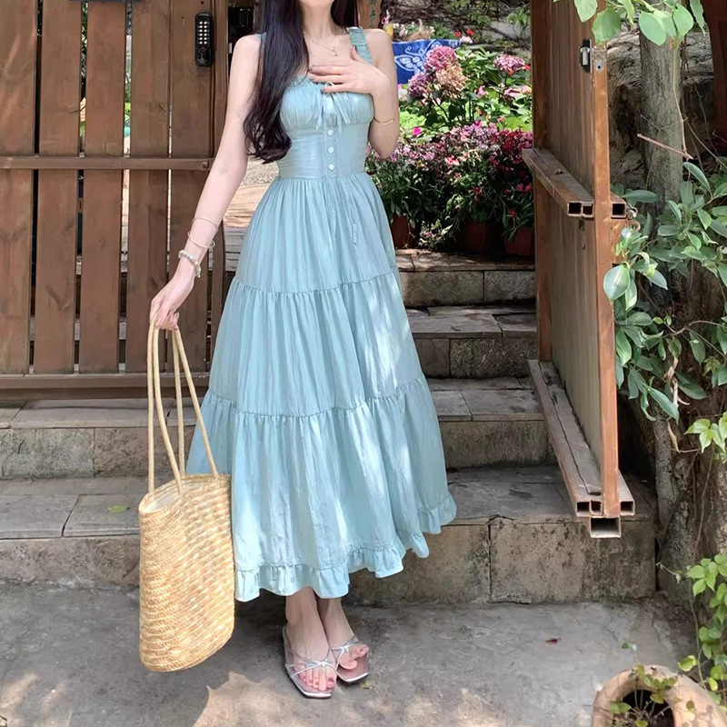 Mint Mambo Ruffled Strap Dress for Women, Summer 2026 New Style, Tie-Up Slimming Vacation Style Beach Long Dress Mint Mambo Ruffled Strap Dress for Women, Summer 2026 New Style, Tie-Up Slimming Vacation Style Beach Long Dress