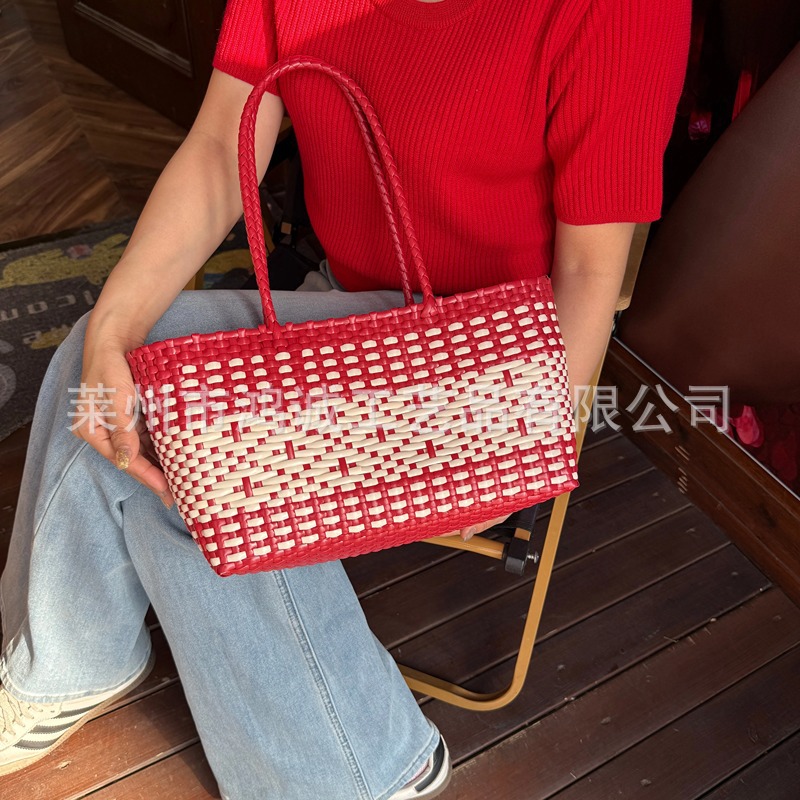 New Woven Beach Bag For Vacation, Versatile Tote Bag, Lazy Style Market Basket Shoulder Bag For Women - Thumbnail 4
