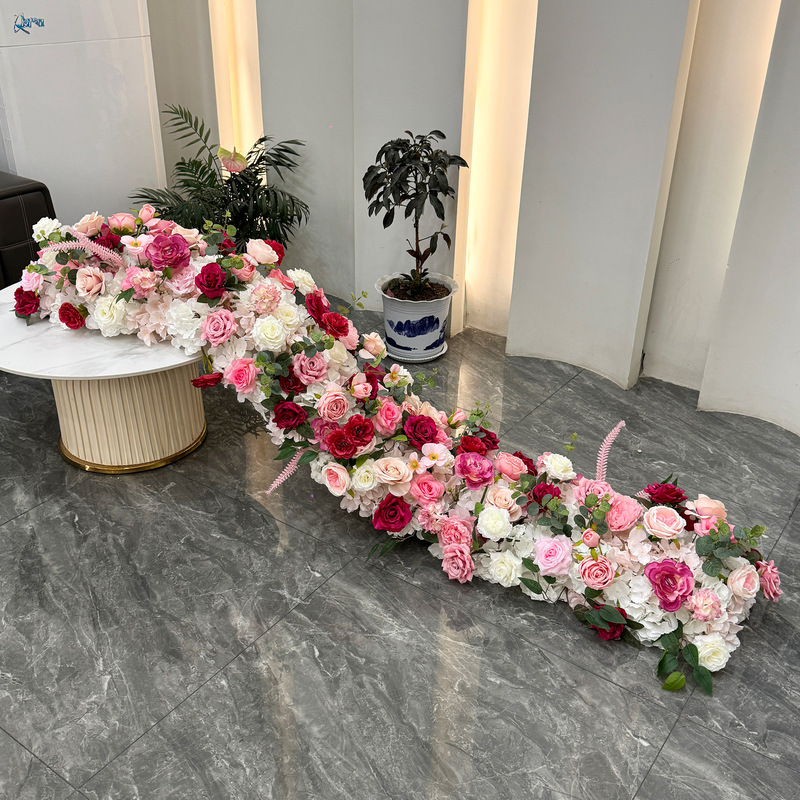クロスボーダーバーガンディ結婚式の背景の壁の装飾花列アーチ花ウィンドウショールームテーブルフラワーロング列花偽ロングストリップ花|undefined
