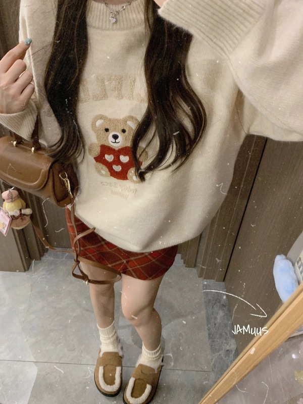 秋冬复古毛巾绣小熊套头毛衣女宽松慵懒风重磅圆领针织打底衫上衣|undefined