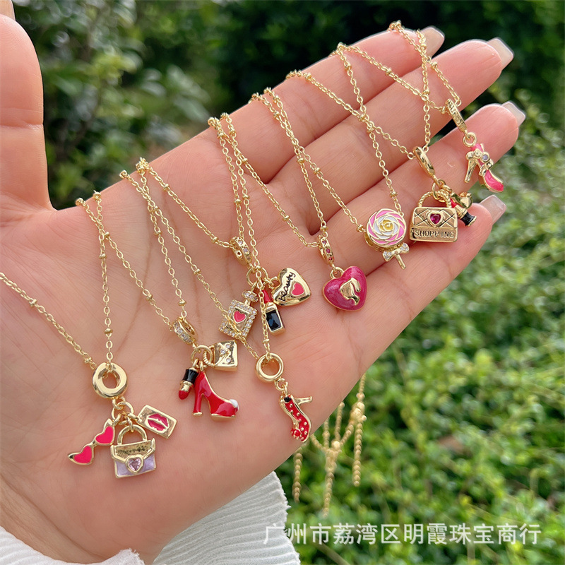 Copper Plated 18K Gold Full Diamond Zircon Pink Element Red High Heels Lollipop Love Bag Multi-Style Necklace Copper Plated 18K Gold Full Diamond Zircon Pink Element Red High Heels Lollipop Love Bag Multi-Style Necklace
