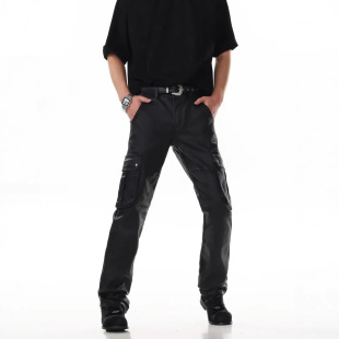 2025 Foreign Trade Cross-Border New Men's Pu Leather Pants European and American Pure Color Slim Side Pocket Casual Leather Pants