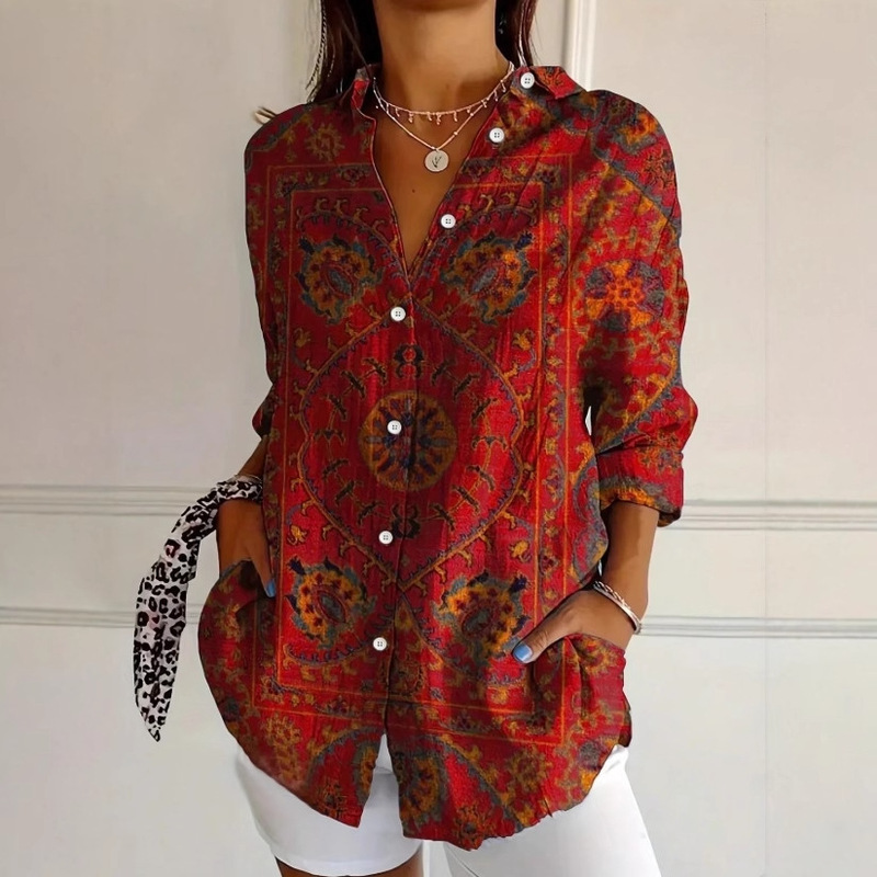 Women's Casual Commuting Shirt Western Ethnic Style Geometric Print Long-Sleeved Women's Shirt Hot Style Women's Casual Commuting Shirt Western Ethnic Style Geometric Print Long-Sleeved Women's Shirt Hot Style