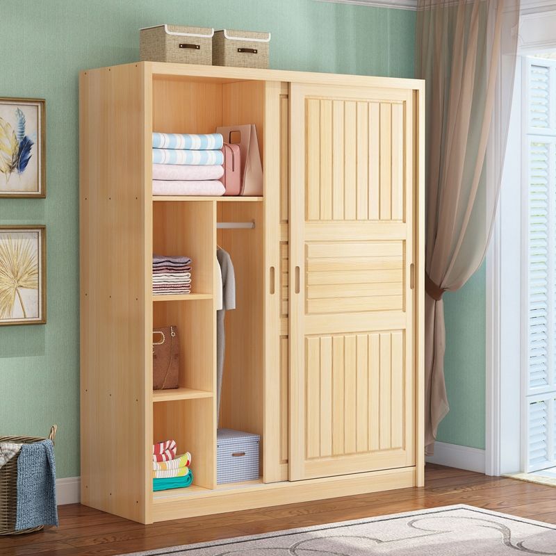 All Solid Wood Pine Sliding Door Wardrobe Simple Log Adult Bedroom Two-Door Children's Storage Wardrobe Assembly