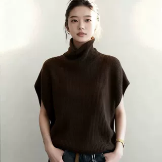 针织衫工厂｜韩系堆堆高领针织马甲 宽松无袖坑条坎肩毛衣批发