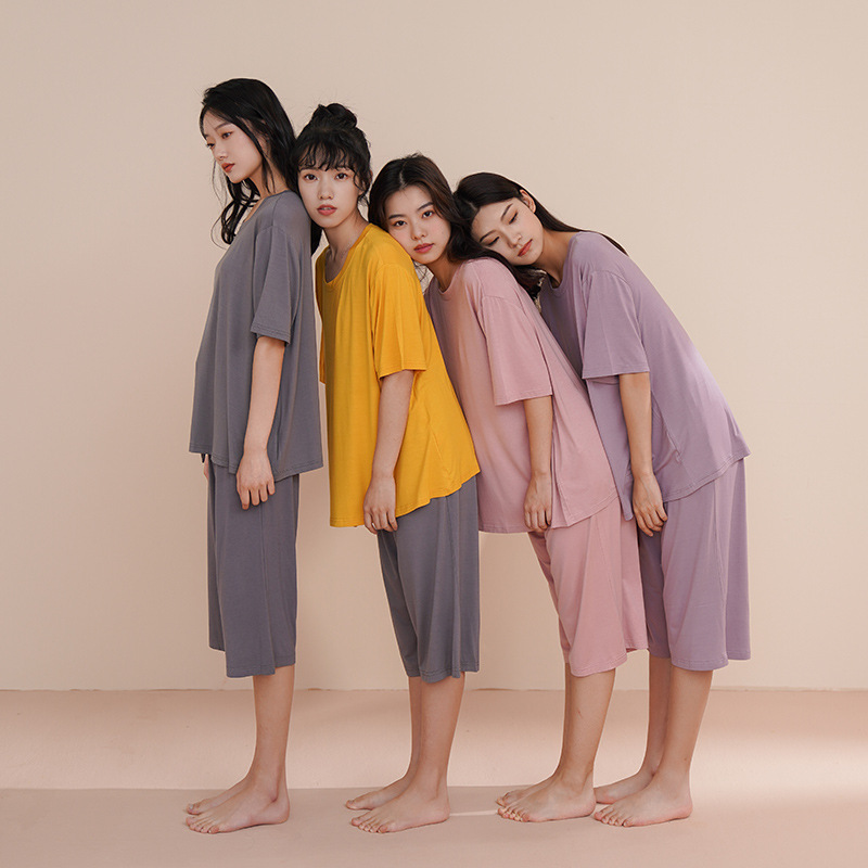 Cooling Modal Pajamas for Women, Summer Thin Style with Chest Pads, Short Sleeve and Capri Pants Homewear, Cross-Border Cooling Modal Pajamas for Women, Summer Thin Style with Chest Pads, Short Sleeve and Capri Pants Homewear, Cross-Border