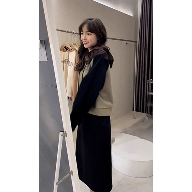 连帽卫衣+半身裙套装卫衣开叉裙两件套拼接时尚卫衣套装女跑步服|undefined