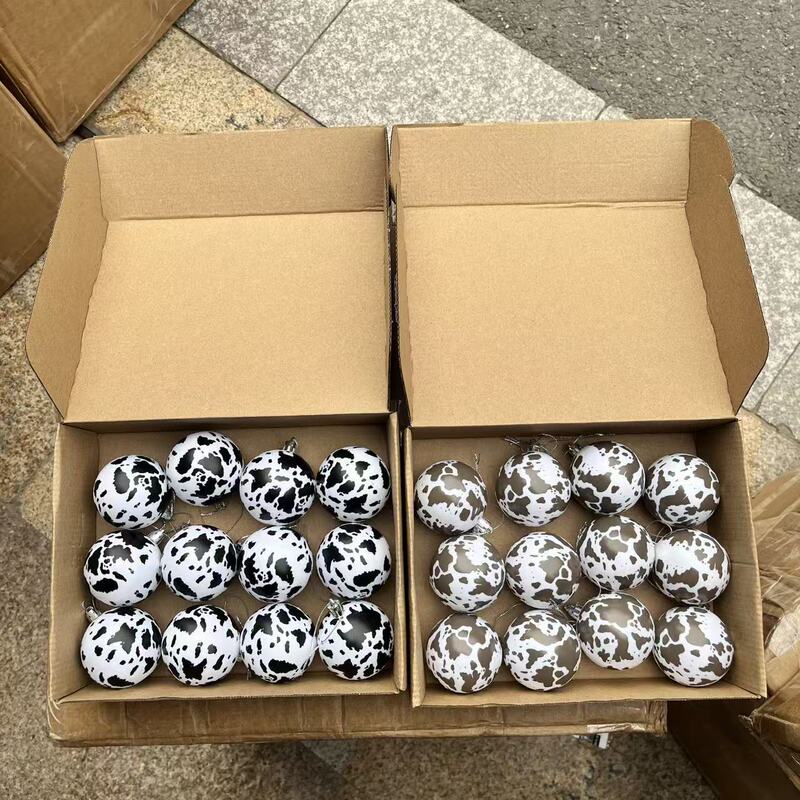 跨境圣诞球奶牛印花图案圣诞节动物主题圣诞西部乡村风圣诞装饰品|undefined