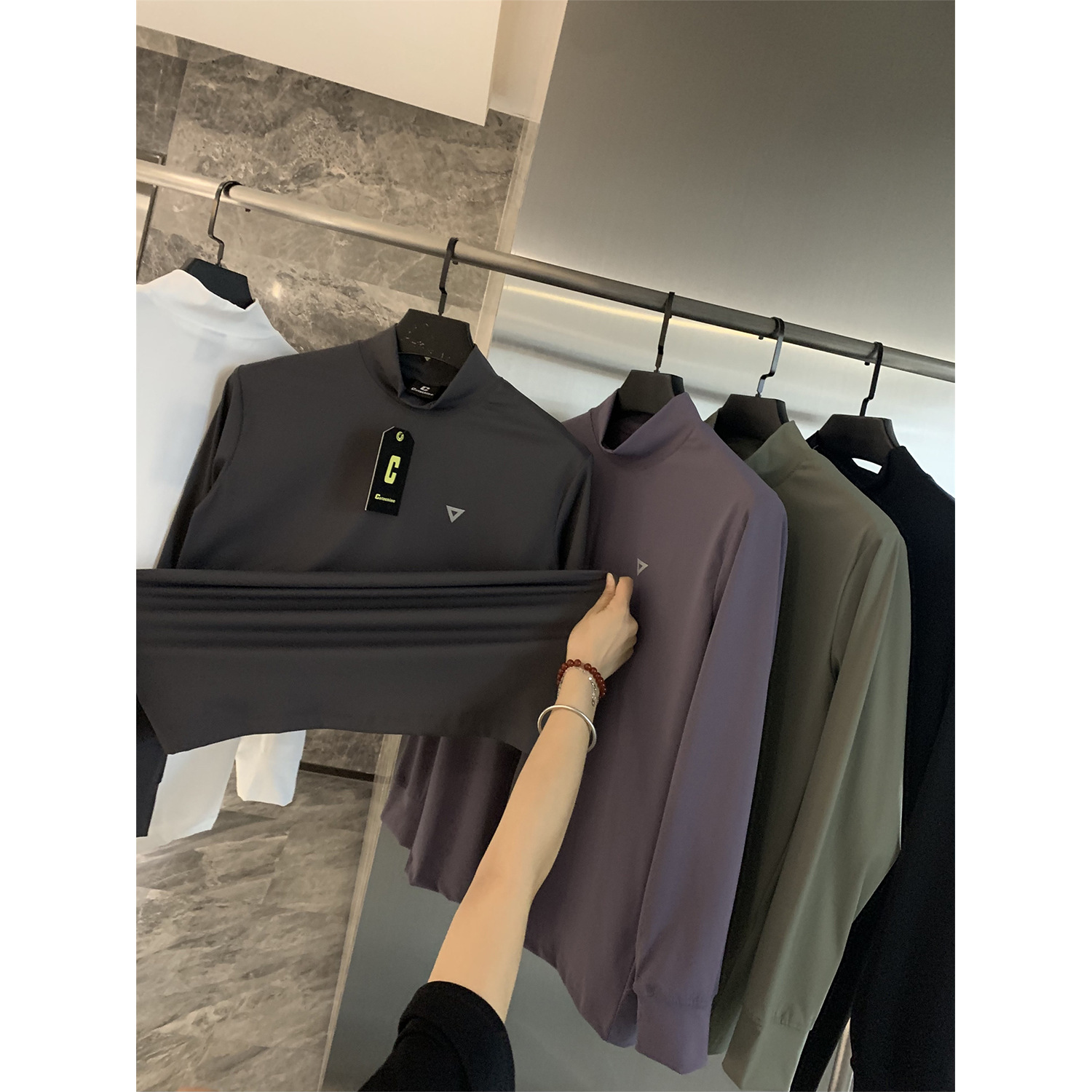 섬 목록! 3M 반사 높은 탄성 통기성 가을 스포츠 반 높은 칼라 남성의베이스 셔츠 긴 소매 티셔츠