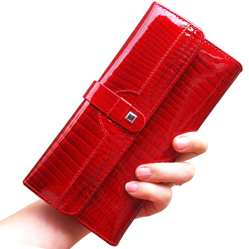 Women's Genuine Leather Wallet with Snap Button, Patent Leather Crocodile Pattern, Multi-Card Slots, Money Clip, Phone Pouch, Clutch, Coin Purse, European and American Style Women's Genuine Leather Wallet with Snap Button, Patent Leather Crocodile Pattern, Multi-Card Slots, Money Clip, Phone Pouch, Clutch, Coin Purse, European and American Style