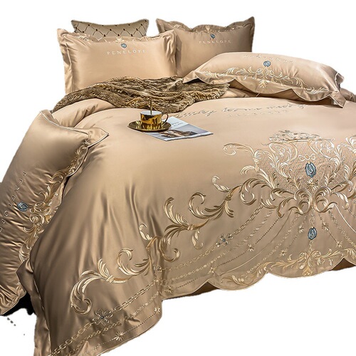 European high-end embroidered silk brocade Tencel four-piece set pure cotton bed sheet and duvet cover bed skirt option wedding celebration bedding wholesale