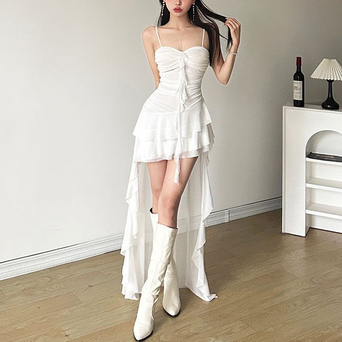 2025法式超仙纯欲荷叶边拼接吊带连衣裙女小众修身显瘦不规则裙|undefined