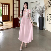 大码新中式国风改良旗袍长裙子夏季高级感气质优雅粉色碎花连衣裙