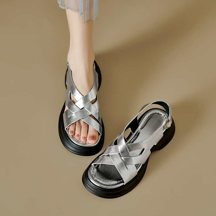 Sandal da cừu đế dày hở ngón tăng chiều cao nữ — Màu bạc, Màu mơ chi tiết 24