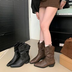 2025新款尖头切尔西靴显瘦粗跟短靴女英伦风堆堆靴骑士靴