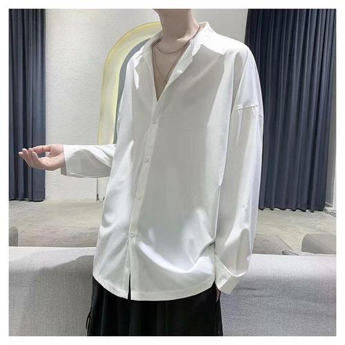 Men's 2025 Black Shirt, Celibate Style Korean Version Fashion Cool Collarless Top Gangster Style Hong Kong Style Japanese Long-Sleeve Top Trend