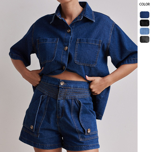 2025 Summer Amazon Cross-border European and American Women's Casual Retro Loose Shirt and Denim Shorts Set for Women