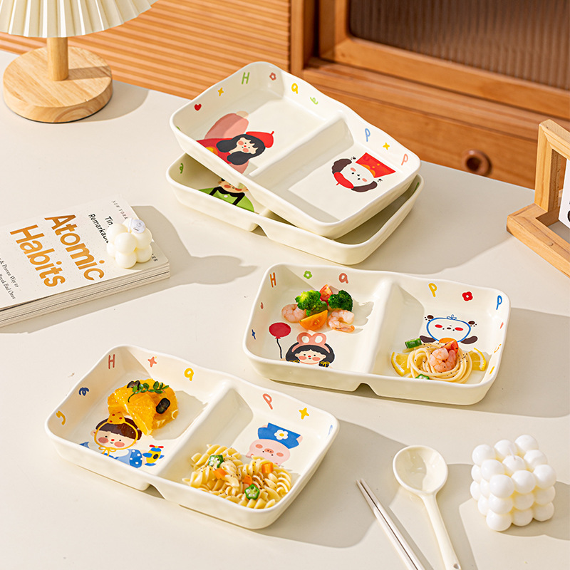 Una familia de cuatro padres e hijos, plato dividido, juego de vajilla de cerámica, regalo para el hogar, plato de color bajo vidriado, plato de desayuno lindo