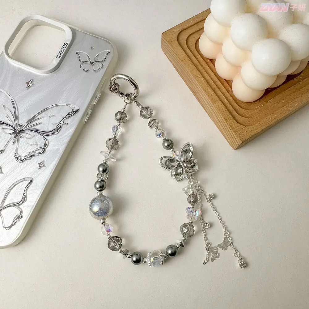 Nuevo estilo coreano de alta calidad perla circón bowknot cuentas de cristal cordón de teléfono móvil colgante de llavero de nailon Ruyi