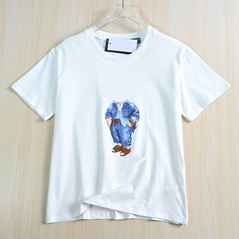 Siqi Women's Clothing 253/6 American Single Cotton Offset Cartoon Straw Hat Bear Round Neck Casual Short Sleeve T-Shirt