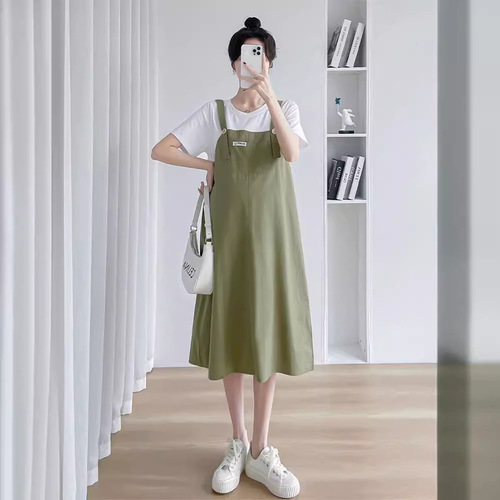 Maternity Summer Dress Fashionable Loose-Fitting Mid-Length Suspender Skirt with Fake Two-Piece Splicing Design