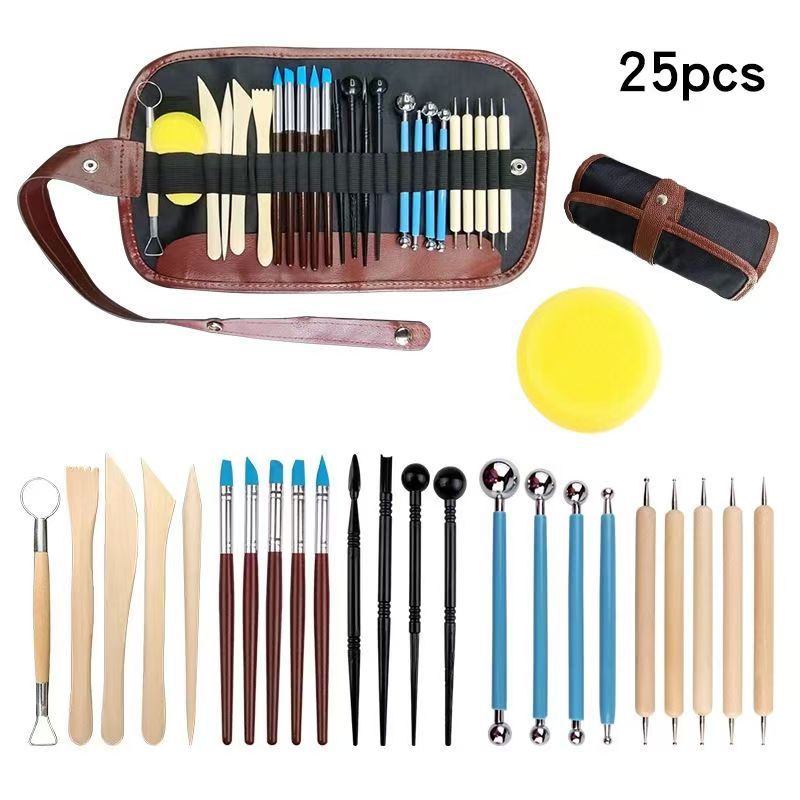 Herramientas de cerámica transfronterizas Juego de 25 piezas Cuchillo de talla de plástico de piedra de arcilla Esponja Pastilla Pluma de perforación de puntos de silicona al por mayor