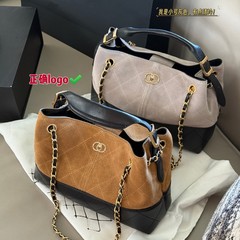 2025跨境包包小香 25A麂皮拼接水桶包女菱格单肩斜跨Hobo托特购物
