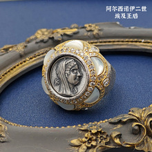 中古vintage古币戒指女时尚复古925浮雕女神像轻奢天然白贝手饰品