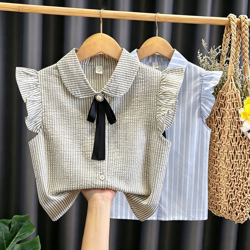 Girls' Short-Sleeved Shirts, Summer Clothes, New Style Vests, Children's Little Girls' Pure Cotton Striped Shirts, Summer Doll Collar Tops