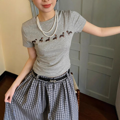 Jenni * 金ジェニーと同じmarkg ** ソーセージ犬プリント真珠tシャツ弾力半袖女
