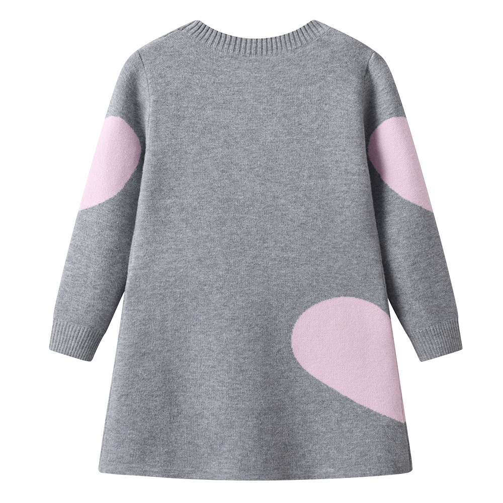 2025 primavera y otoño cuello redondo amor jacquard niña vestido de punto vestido de princesa ropa para niños vestido de suéter para niños grandes y medianos