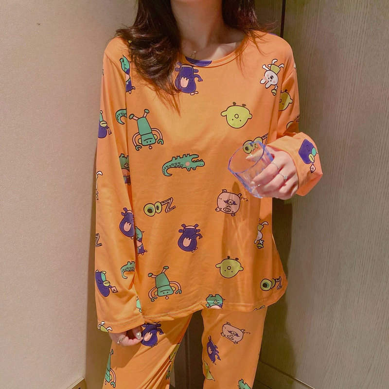 Spring and Autumn Long Sleeve Women's Cartoon Pajamas Women's Thin Trousers Round Neck Cute Crocodile Home Clothes Set Can Be Weared Outside