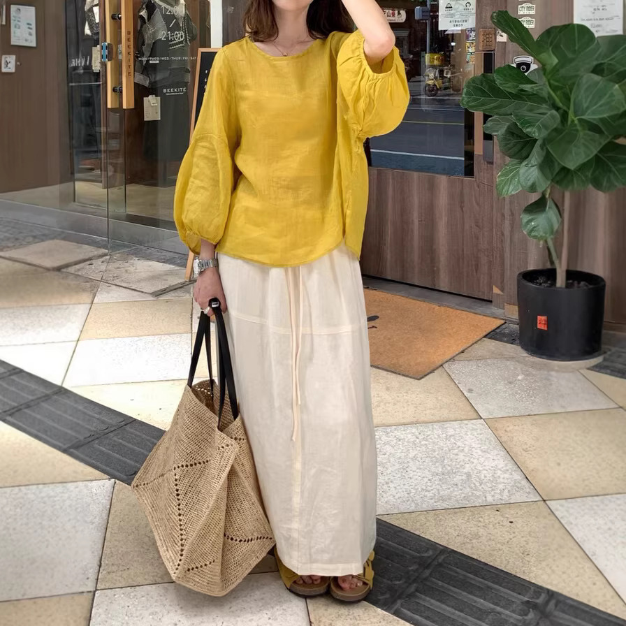 2026夏季新款纯色直筒半身裙女简约日常百搭亚麻抽绳后开衩长裙子