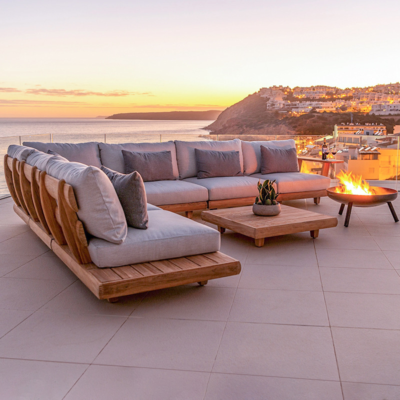 Sofá al aire libre patio villa al aire libre impermeable protección solar muebles de teca combinación de jardín al aire libre terraza sofá de madera maciza