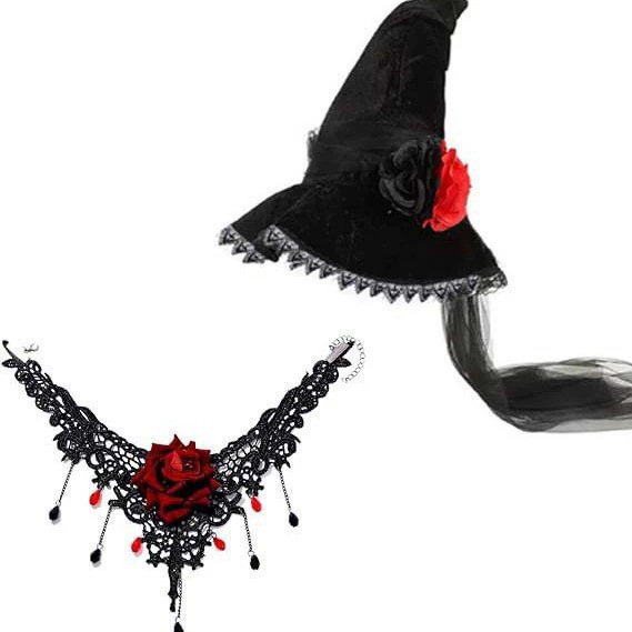 ハロウィン魔女帽子ゴシックスタイルメッシュレース魔女帽子コスプレステージパフォーマンスローズネックレス|undefined