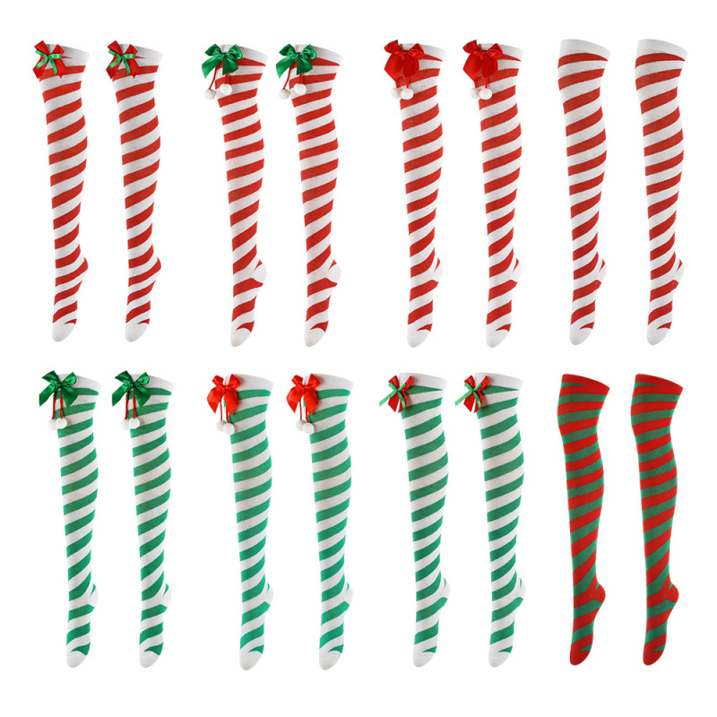 Cross-Border Twill Bow Fur Ball Christmas Socks European and American Style Holiday Event Dress-Up Costume Props Over-The-Knee Beautiful Leg Socks