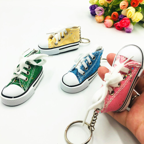 Mini simulation bright gold powder canvas shoes keychain ring pendant sports shoes luggage car pendant creative gift